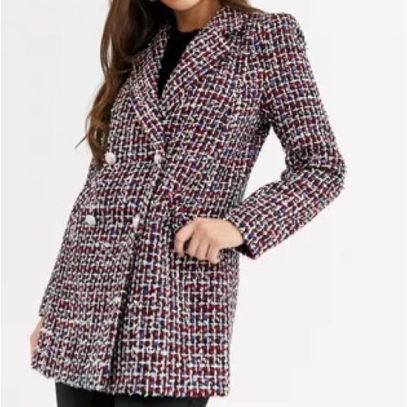 River Island Boucle Blazer in Red Check Size 10 UK - Picture 1 of 9